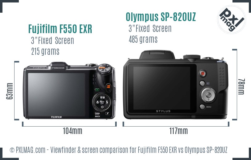Fujifilm F550 EXR vs Olympus SP-820UZ Screen and Viewfinder comparison