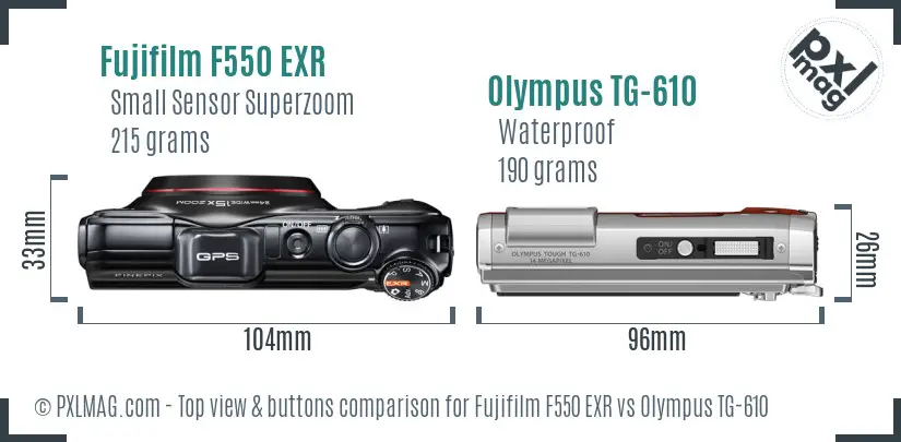 Fujifilm F550 EXR vs Olympus TG-610 top view buttons comparison