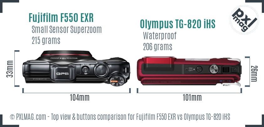 Fujifilm F550 EXR vs Olympus TG-820 iHS top view buttons comparison