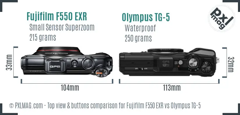 Fujifilm F550 EXR vs Olympus TG-5 top view buttons comparison Fujifilm F550 EXR vs Olympus TG-5 top view buttons comparison