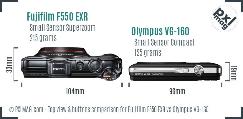 Fujifilm F550 EXR vs Olympus VG-160 top view buttons comparison Fujifilm F550 EXR vs Olympus VG-160 top view buttons comparison
