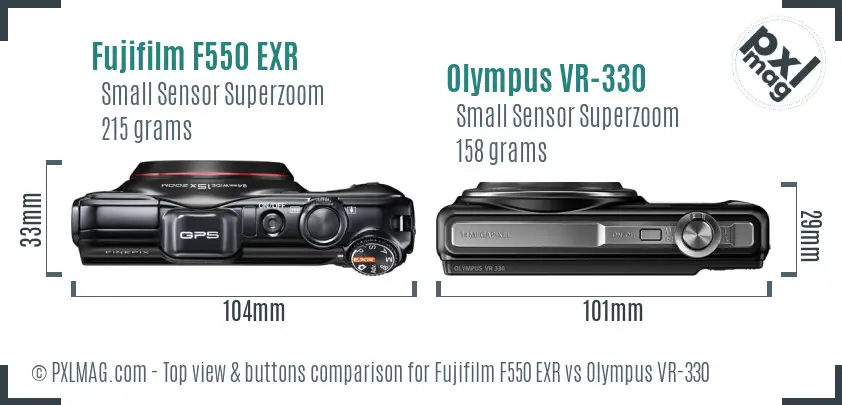 Fujifilm F550 EXR vs Olympus VR-330 top view buttons comparison Fujifilm F550 EXR vs Olympus VR-330 top view buttons comparison