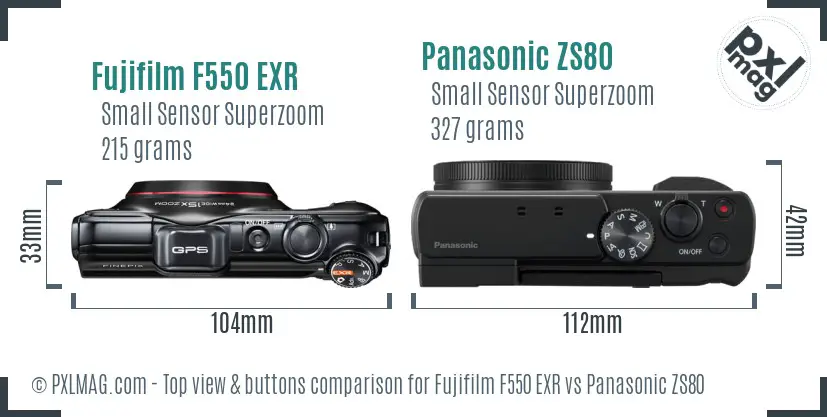 Fujifilm F550 EXR vs Panasonic ZS80 top view buttons comparison