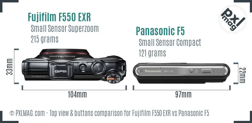 Fujifilm F550 EXR vs Panasonic F5 top view buttons comparison