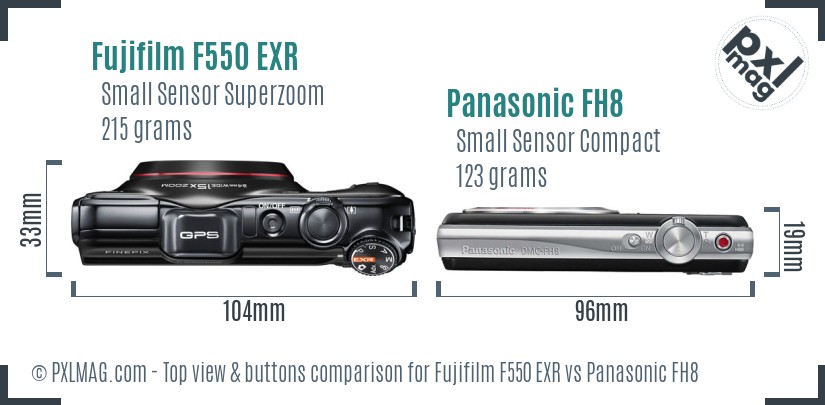 Fujifilm F550 EXR vs Panasonic FH8 top view buttons comparison