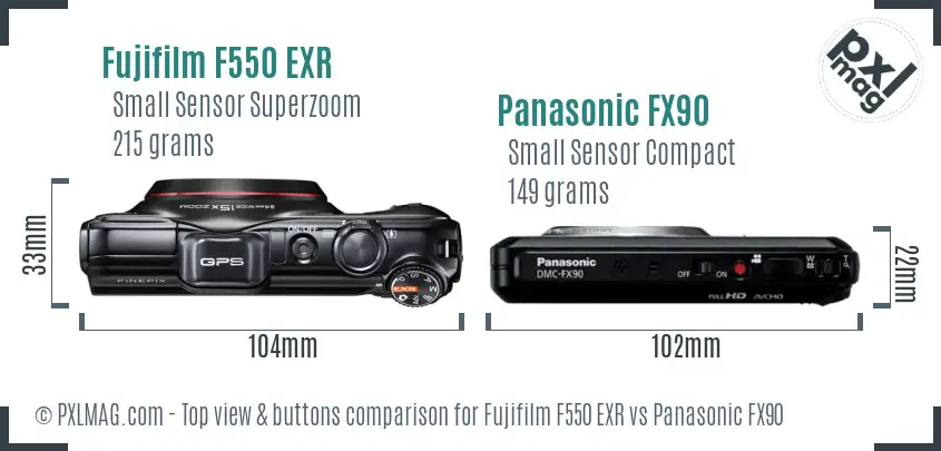 Fujifilm F550 EXR vs Panasonic FX90 top view buttons comparison