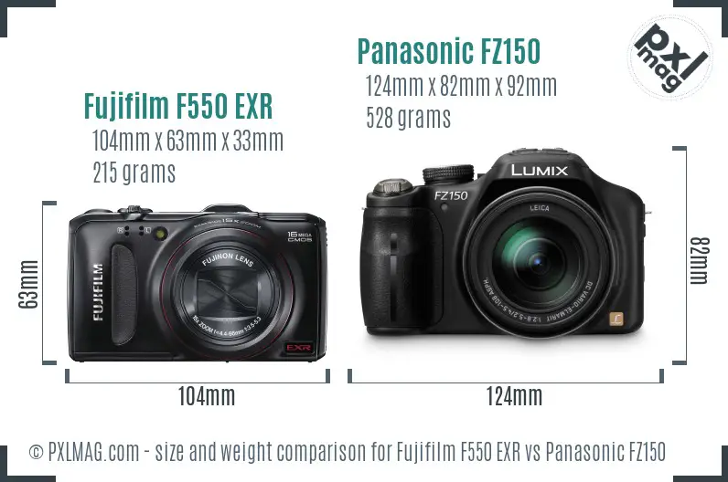 Fujifilm F550 EXR vs Panasonic FZ150 size comparison