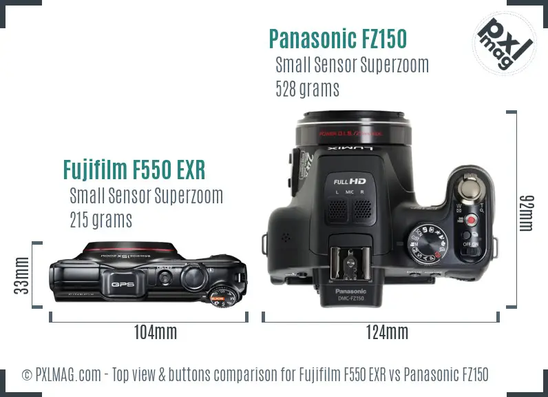 Fujifilm F550 EXR vs Panasonic FZ150 top view buttons comparison