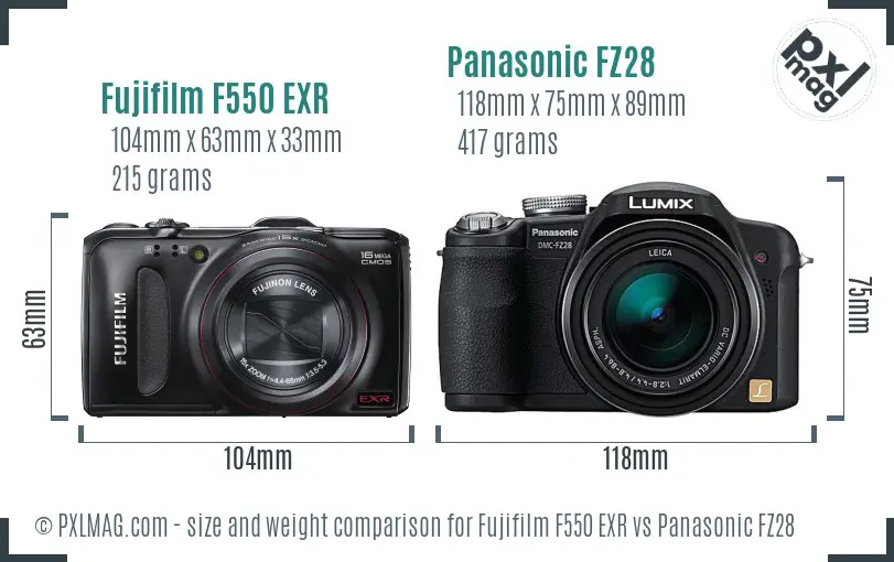 Fujifilm F550 EXR vs Panasonic FZ28 size comparison