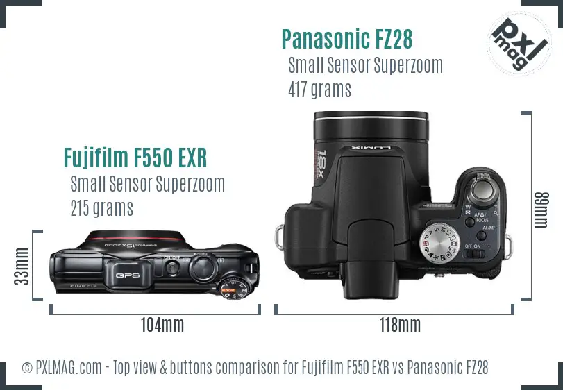 Fujifilm F550 EXR vs Panasonic FZ28 top view buttons comparison