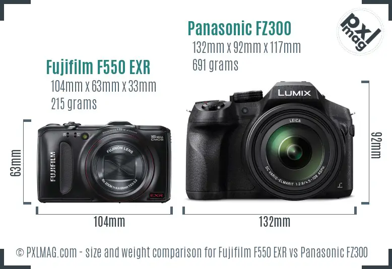 Fujifilm F550 EXR vs Panasonic FZ300 size comparison