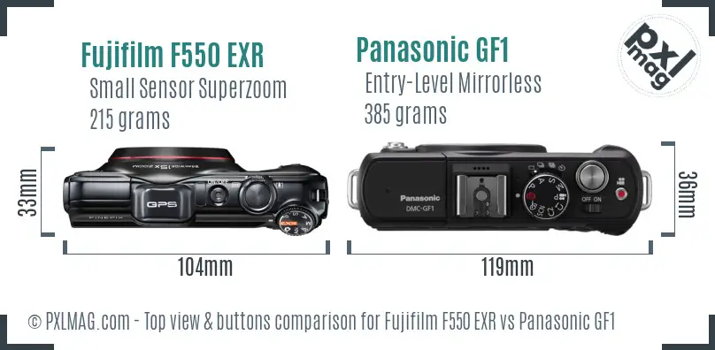 Fujifilm F550 EXR vs Panasonic GF1 top view buttons comparison