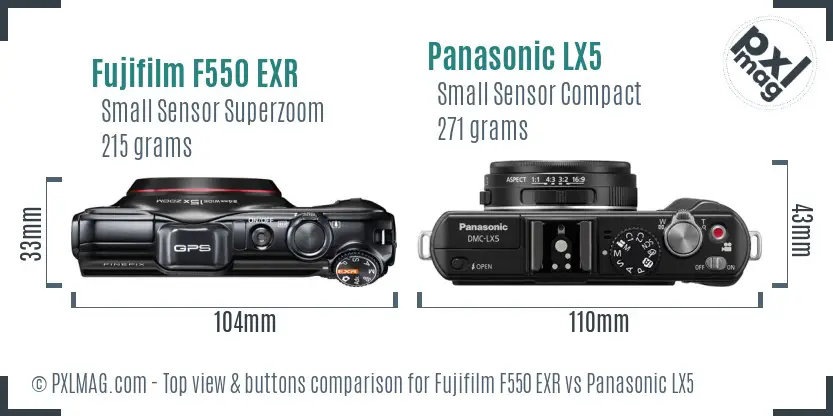 Fujifilm F550 EXR vs Panasonic LX5 top view buttons comparison