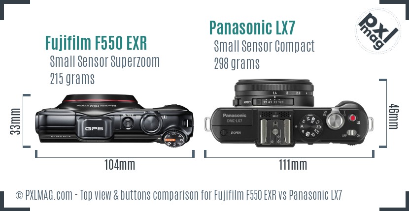 Fujifilm F550 EXR vs Panasonic LX7 top view buttons comparison