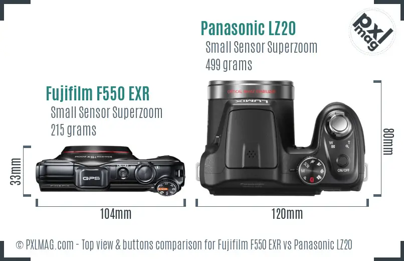 Fujifilm F550 EXR vs Panasonic LZ20 top view buttons comparison