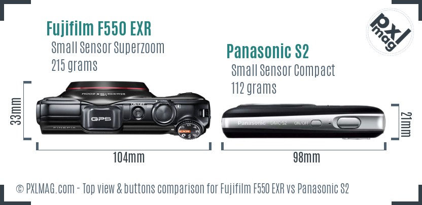 Fujifilm F550 EXR vs Panasonic S2 top view buttons comparison