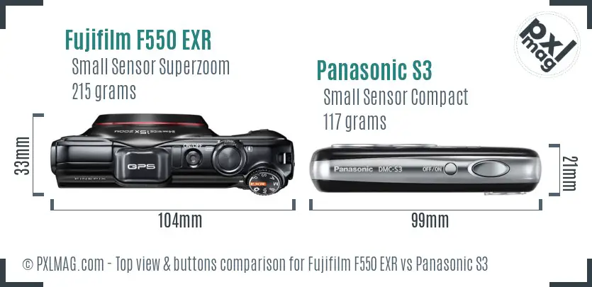 Fujifilm F550 EXR vs Panasonic S3 top view buttons comparison