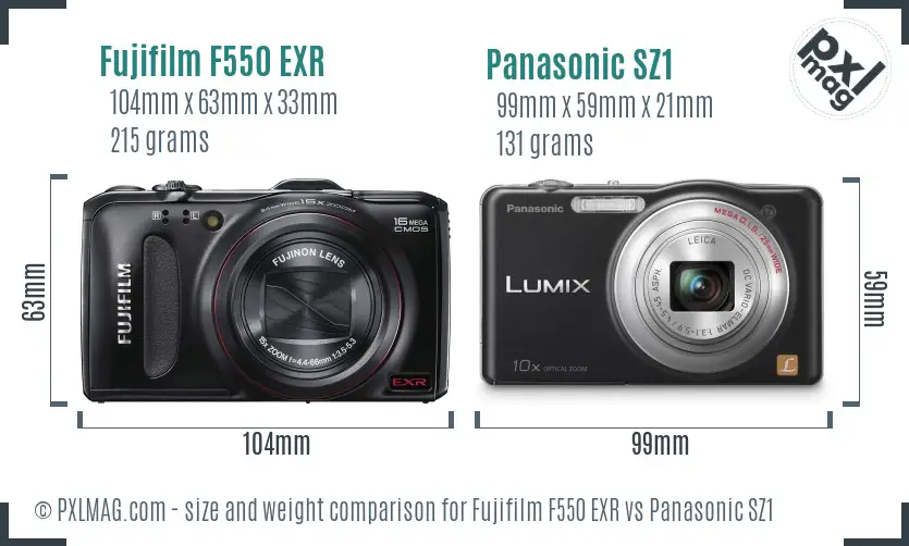 Fujifilm F550 EXR vs Panasonic SZ1 size comparison