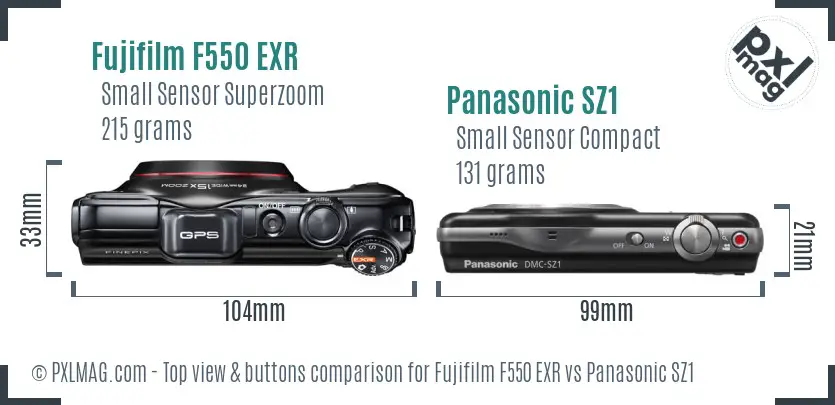 Fujifilm F550 EXR vs Panasonic SZ1 top view buttons comparison
