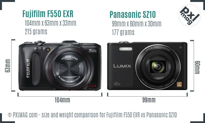 Fujifilm F550 EXR vs Panasonic SZ10 size comparison