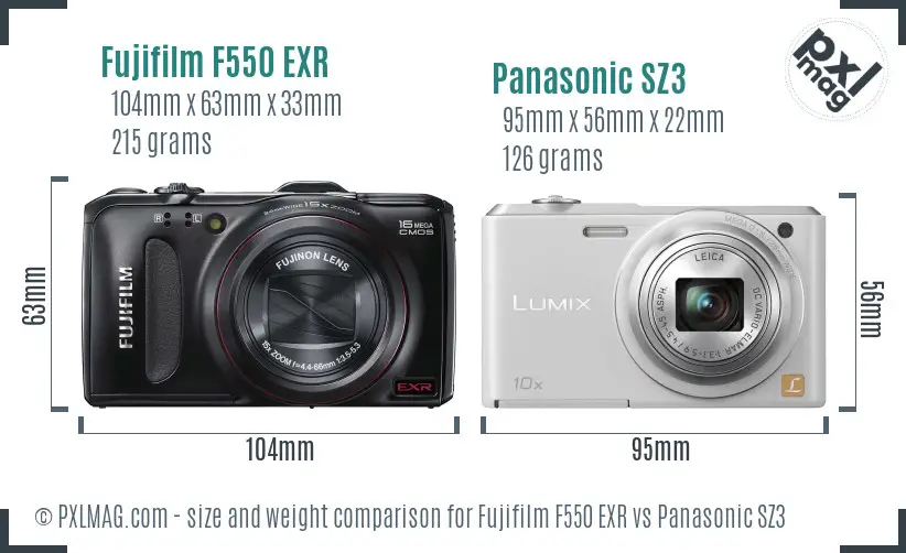 Fujifilm F550 EXR vs Panasonic SZ3 size comparison