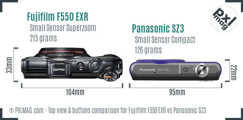 Fujifilm F550 EXR vs Panasonic SZ3 top view buttons comparison