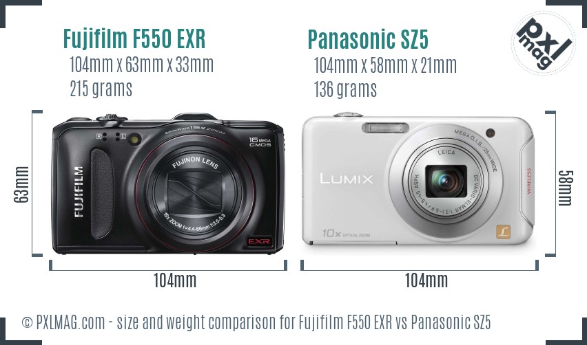 Fujifilm F550 EXR vs Panasonic SZ5 size comparison