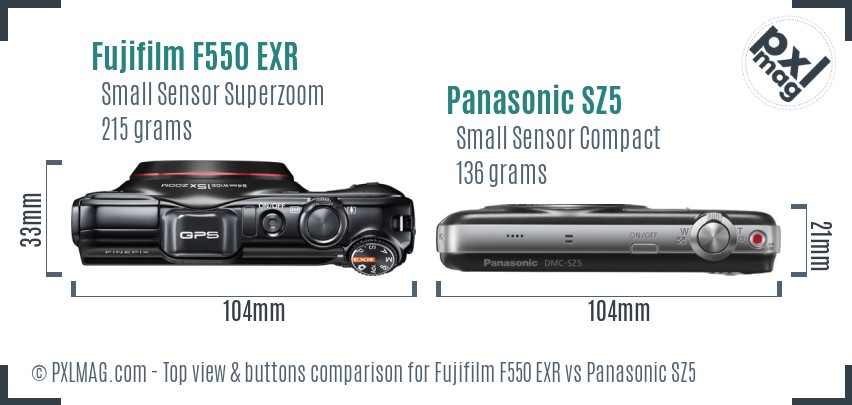 Fujifilm F550 EXR vs Panasonic SZ5 top view buttons comparison