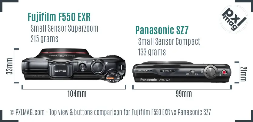 Fujifilm F550 EXR vs Panasonic SZ7 top view buttons comparison