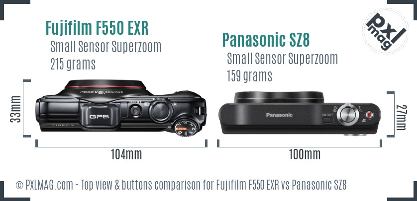 Fujifilm F550 EXR vs Panasonic SZ8 top view buttons comparison