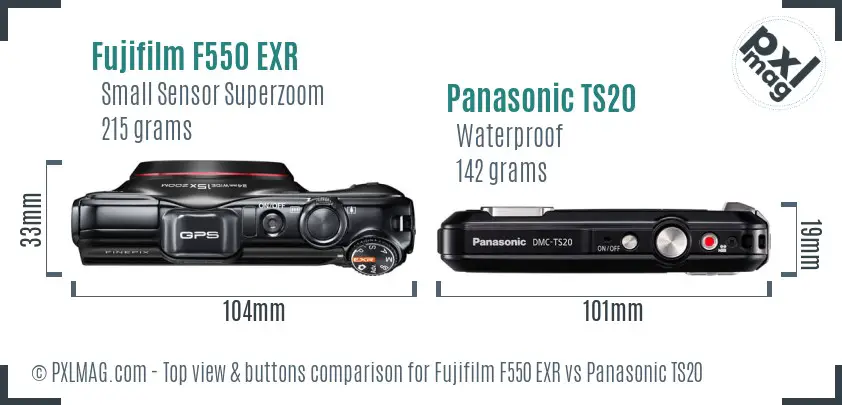 Fujifilm F550 EXR vs Panasonic TS20 top view buttons comparison Fujifilm F550 EXR vs Panasonic TS20 top view buttons comparison