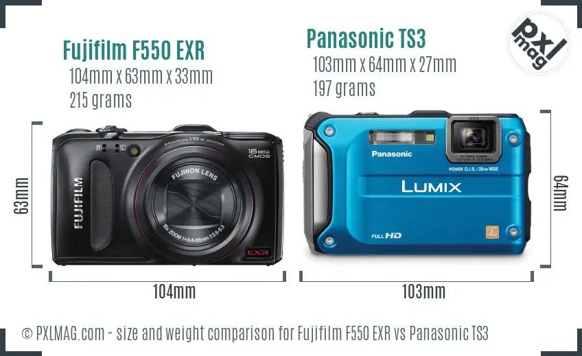 Fujifilm F550 EXR vs Panasonic TS3 size comparison