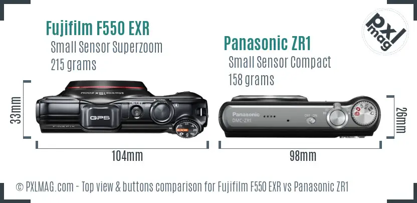Fujifilm F550 EXR vs Panasonic ZR1 top view buttons comparison