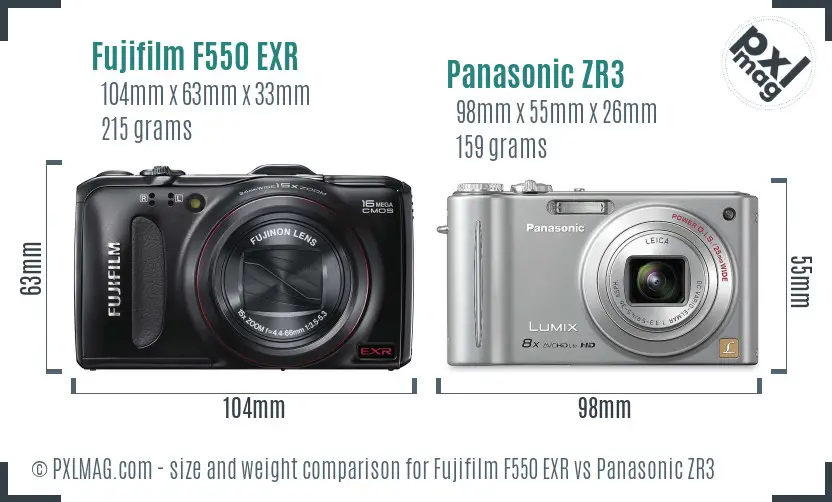 Fujifilm F550 EXR vs Panasonic ZR3 size comparison