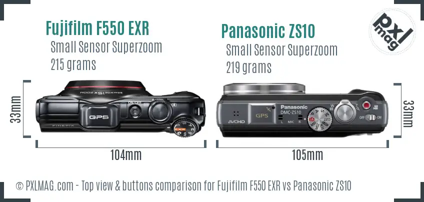 Fujifilm F550 EXR vs Panasonic ZS10 top view buttons comparison