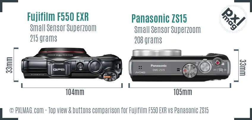 Fujifilm F550 EXR vs Panasonic ZS15 top view buttons comparison