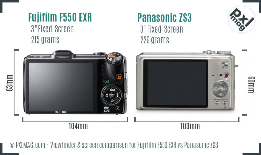 Fujifilm F550 EXR vs Panasonic ZS3 Screen and Viewfinder comparison