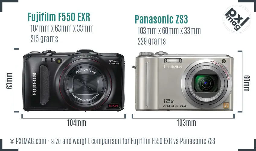 Fujifilm F550 EXR vs Panasonic ZS3 size comparison