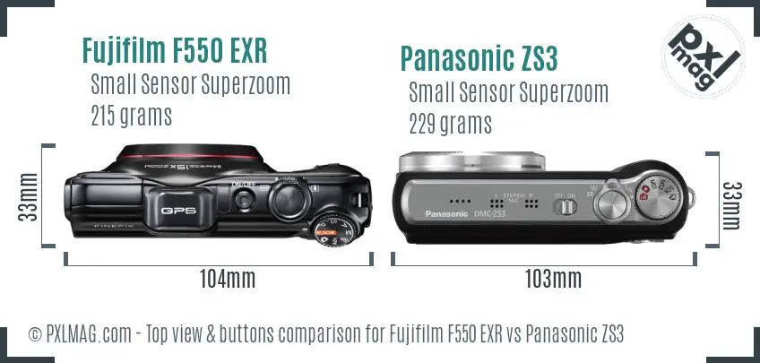 Fujifilm F550 EXR vs Panasonic ZS3 top view buttons comparison