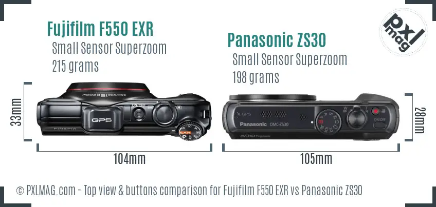 Fujifilm F550 EXR vs Panasonic ZS30 top view buttons comparison