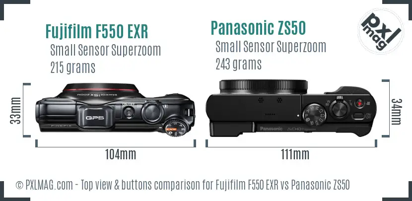 Fujifilm F550 EXR vs Panasonic ZS50 top view buttons comparison