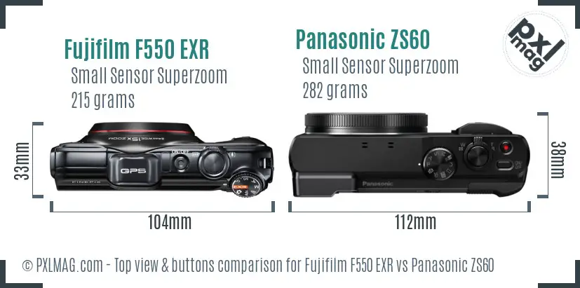 Fujifilm F550 EXR vs Panasonic ZS60 top view buttons comparison