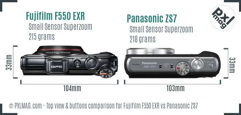 Fujifilm F550 EXR vs Panasonic ZS7 top view buttons comparison