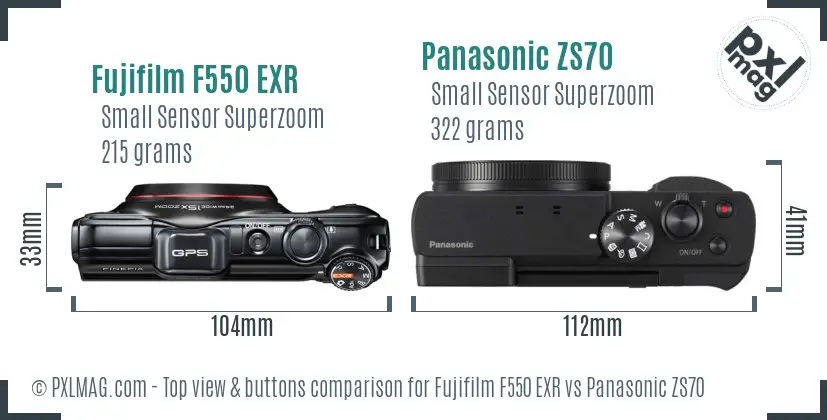 Fujifilm F550 EXR vs Panasonic ZS70 top view buttons comparison