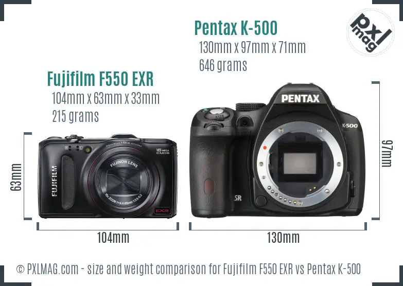 Fujifilm F550 EXR vs Pentax K-500 size comparison