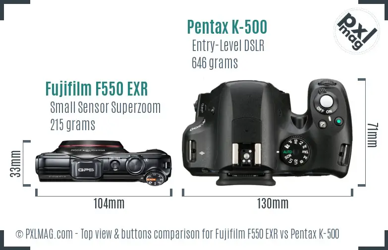 Fujifilm F550 EXR vs Pentax K-500 top view buttons comparison