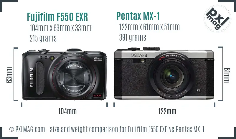 Fujifilm F550 EXR vs Pentax MX-1 size comparison