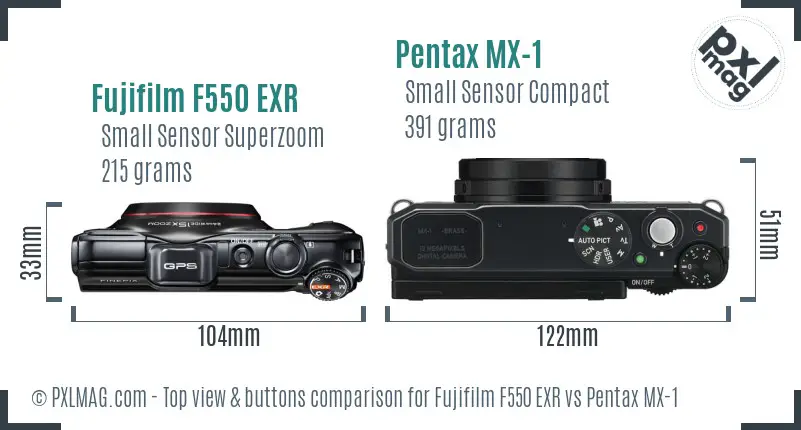 Fujifilm F550 EXR vs Pentax MX-1 top view buttons comparison