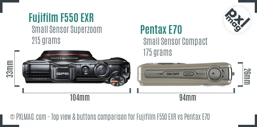 Fujifilm F550 EXR vs Pentax E70 top view buttons comparison