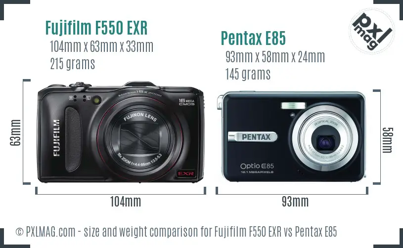 Fujifilm F550 EXR vs Pentax E85 size comparison